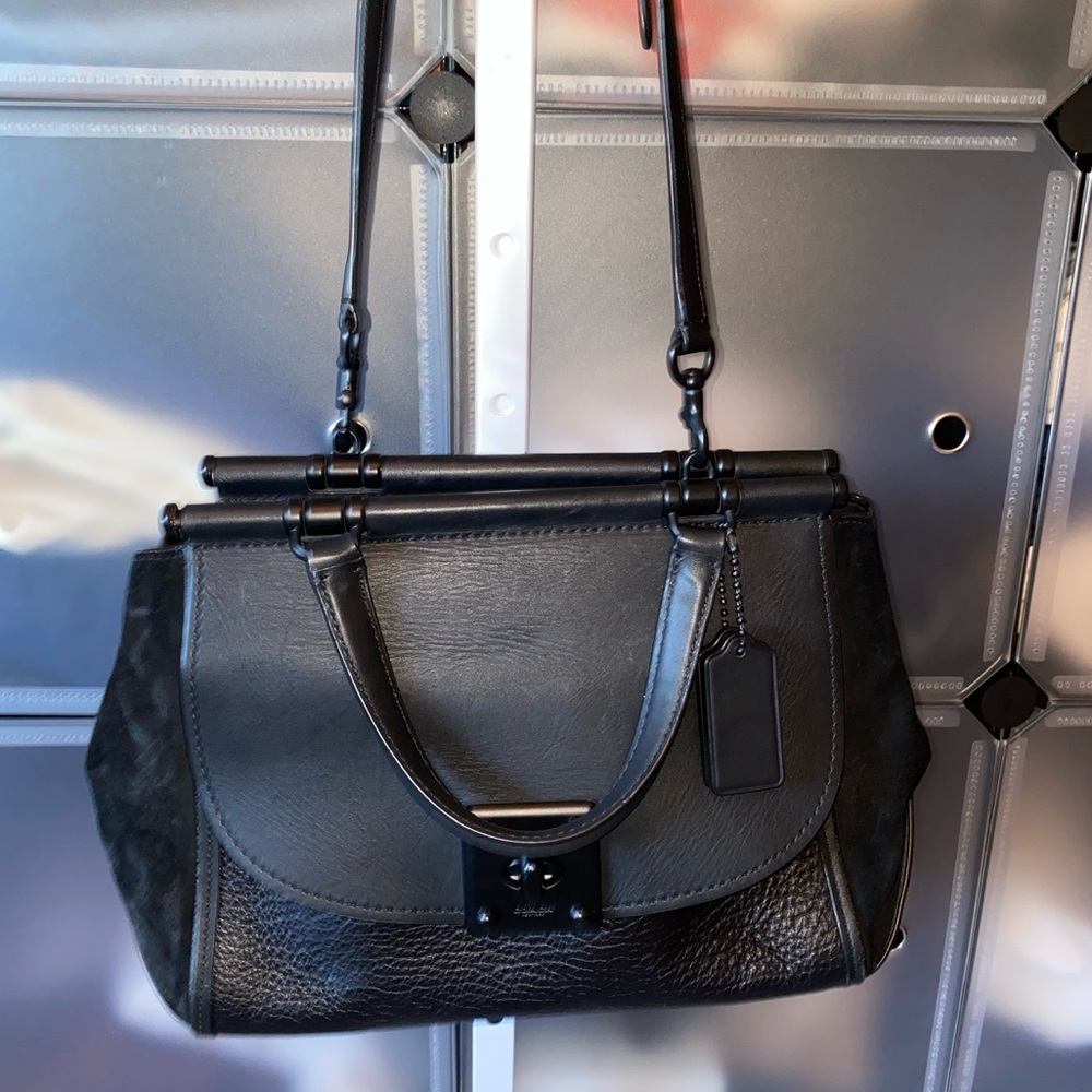 Coach 38389 Mixed Leather Drifter Carryall Satchel Handbag Purse in Black - Picture 8 of 16